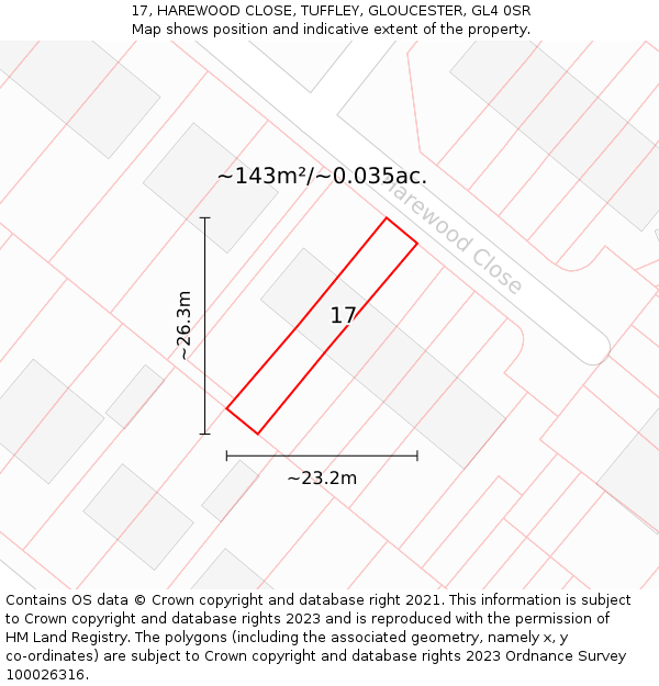 17, HAREWOOD CLOSE, TUFFLEY, GLOUCESTER, GL4 0SR: Plot and title map