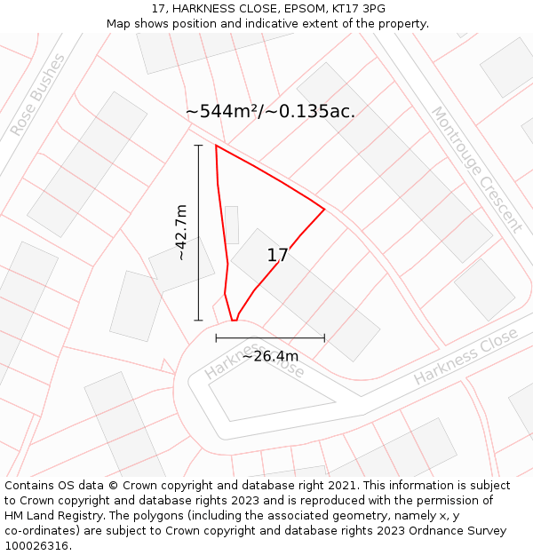 17, HARKNESS CLOSE, EPSOM, KT17 3PG: Plot and title map