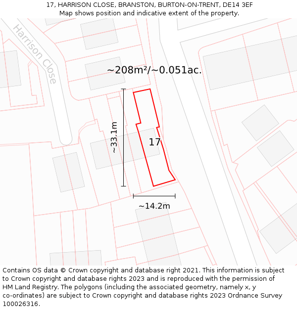 17, HARRISON CLOSE, BRANSTON, BURTON-ON-TRENT, DE14 3EF: Plot and title map