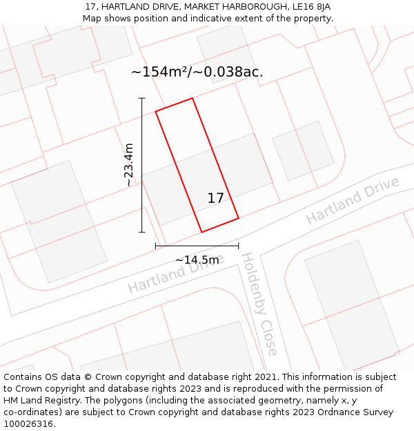 17, HARTLAND DRIVE, MARKET HARBOROUGH, LE16 8JA: Plot and title map