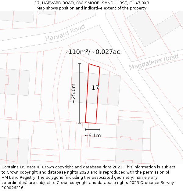 17, HARVARD ROAD, OWLSMOOR, SANDHURST, GU47 0XB: Plot and title map