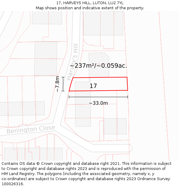 17, HARVEYS HILL, LUTON, LU2 7YL: Plot and title map
