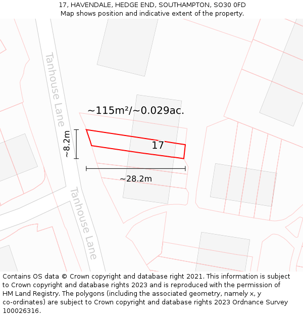 17, HAVENDALE, HEDGE END, SOUTHAMPTON, SO30 0FD: Plot and title map