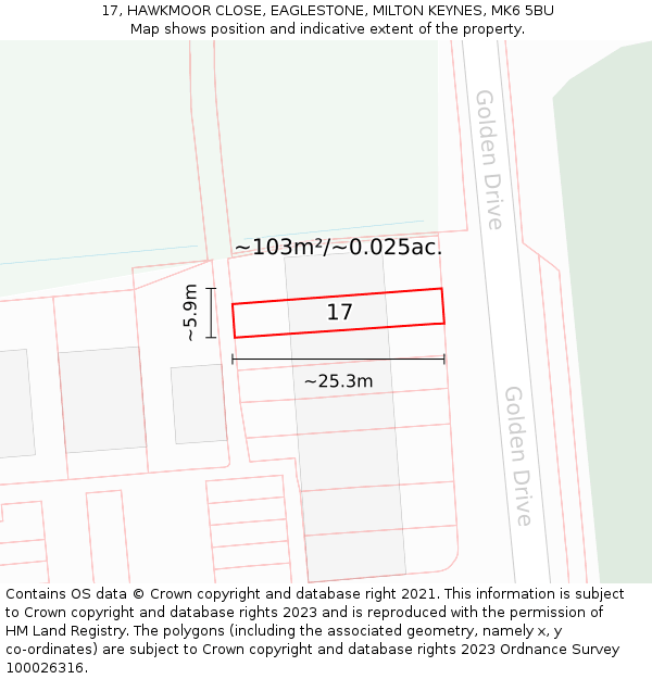 17, HAWKMOOR CLOSE, EAGLESTONE, MILTON KEYNES, MK6 5BU: Plot and title map