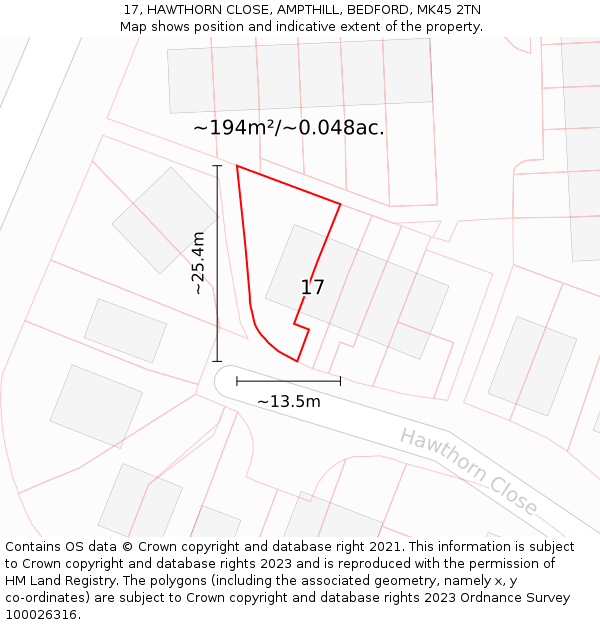 17, HAWTHORN CLOSE, AMPTHILL, BEDFORD, MK45 2TN: Plot and title map