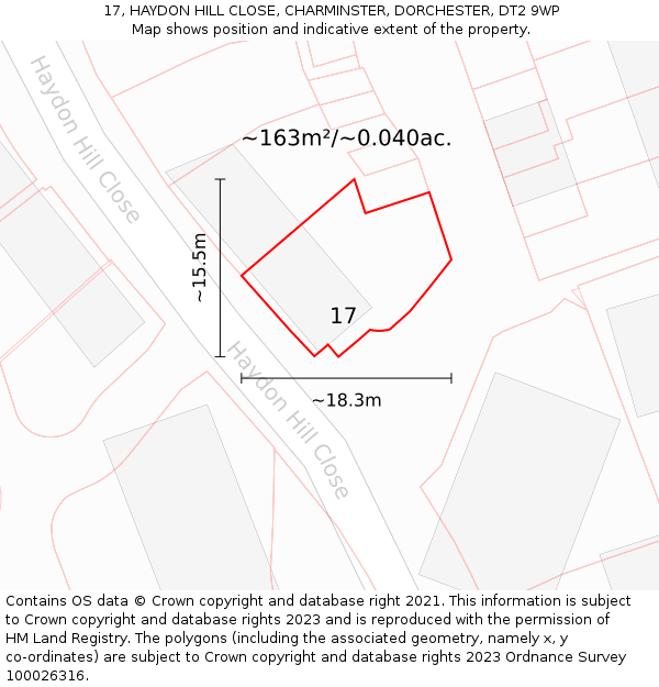 17, HAYDON HILL CLOSE, CHARMINSTER, DORCHESTER, DT2 9WP: Plot and title map