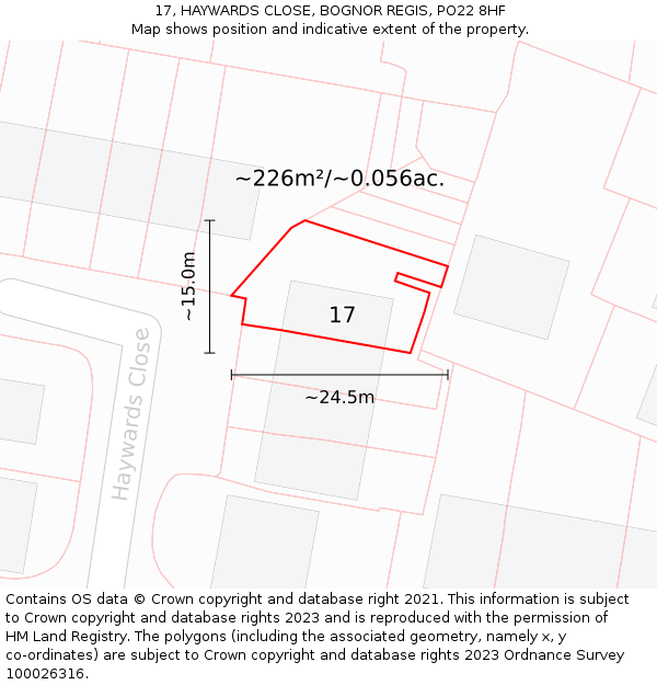 17, HAYWARDS CLOSE, BOGNOR REGIS, PO22 8HF: Plot and title map