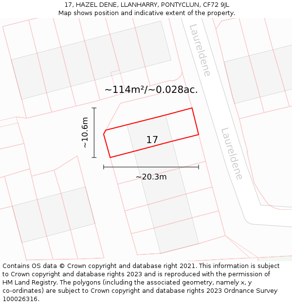17, HAZEL DENE, LLANHARRY, PONTYCLUN, CF72 9JL: Plot and title map