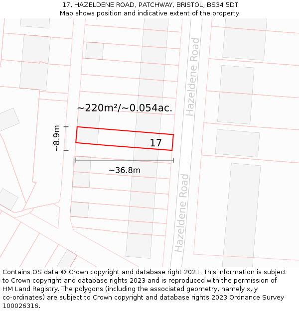 17, HAZELDENE ROAD, PATCHWAY, BRISTOL, BS34 5DT: Plot and title map