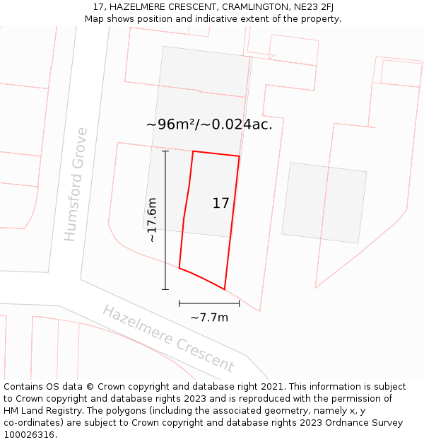 17, HAZELMERE CRESCENT, CRAMLINGTON, NE23 2FJ: Plot and title map