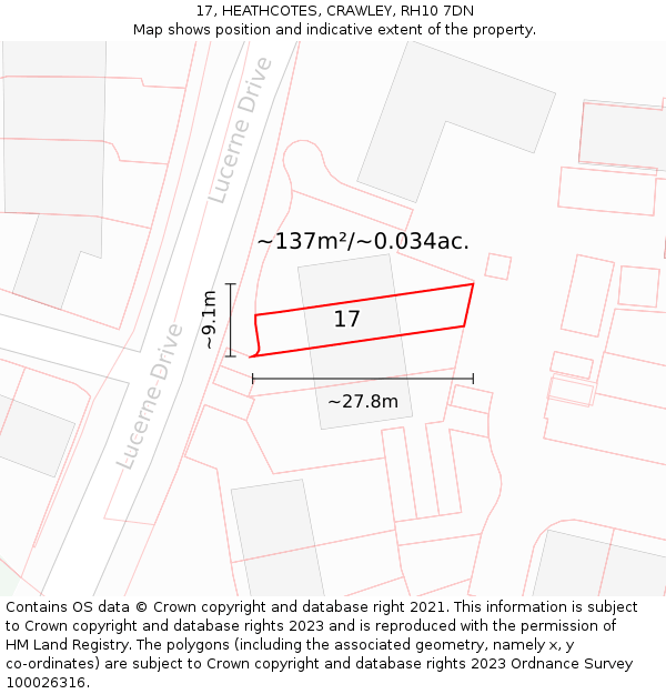 17, HEATHCOTES, CRAWLEY, RH10 7DN: Plot and title map