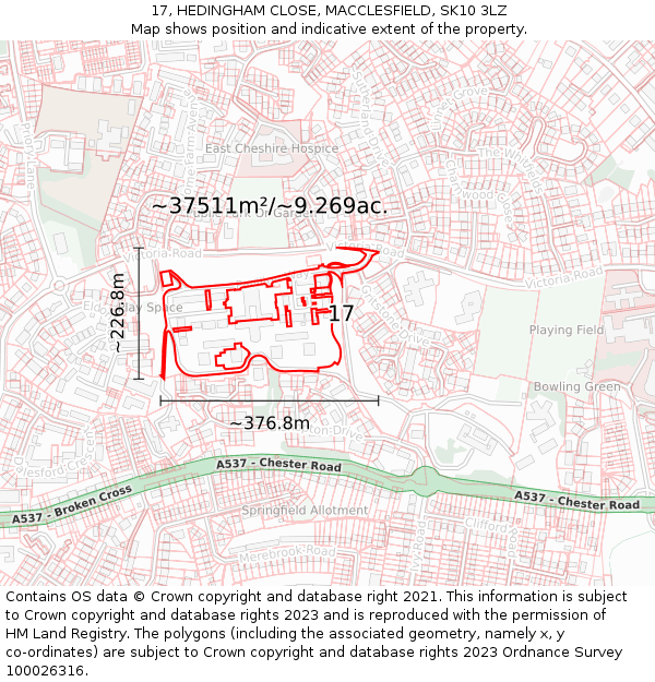 17, HEDINGHAM CLOSE, MACCLESFIELD, SK10 3LZ: Plot and title map