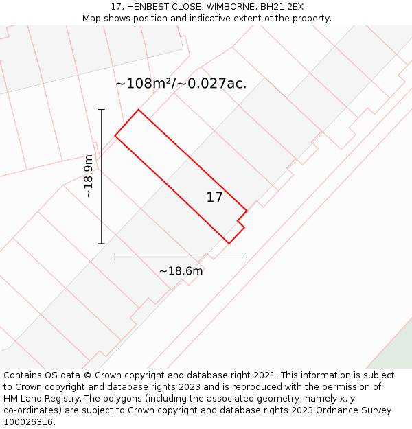 17, HENBEST CLOSE, WIMBORNE, BH21 2EX: Plot and title map