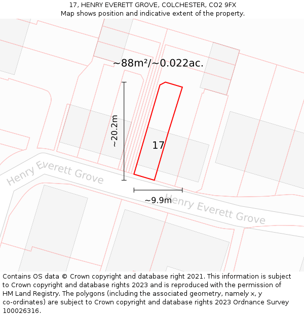 17, HENRY EVERETT GROVE, COLCHESTER, CO2 9FX: Plot and title map