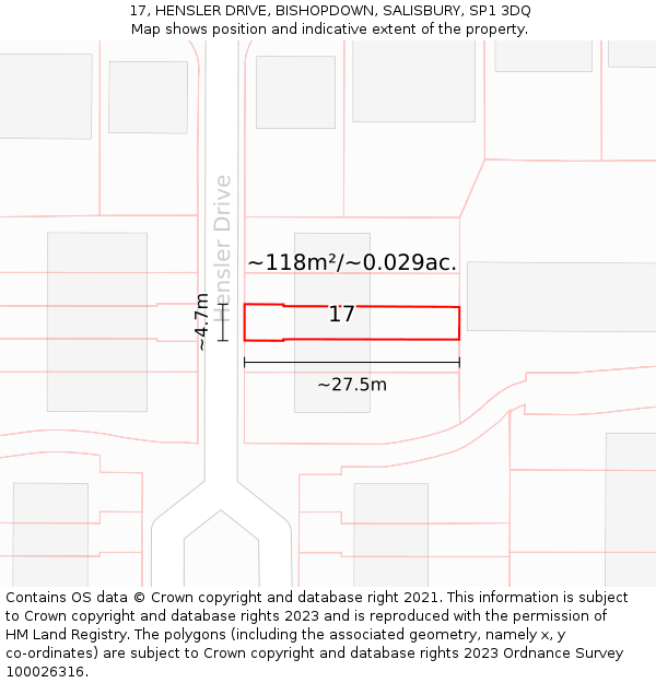 17, HENSLER DRIVE, BISHOPDOWN, SALISBURY, SP1 3DQ: Plot and title map