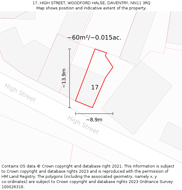 17, HIGH STREET, WOODFORD HALSE, DAVENTRY, NN11 3RQ: Plot and title map