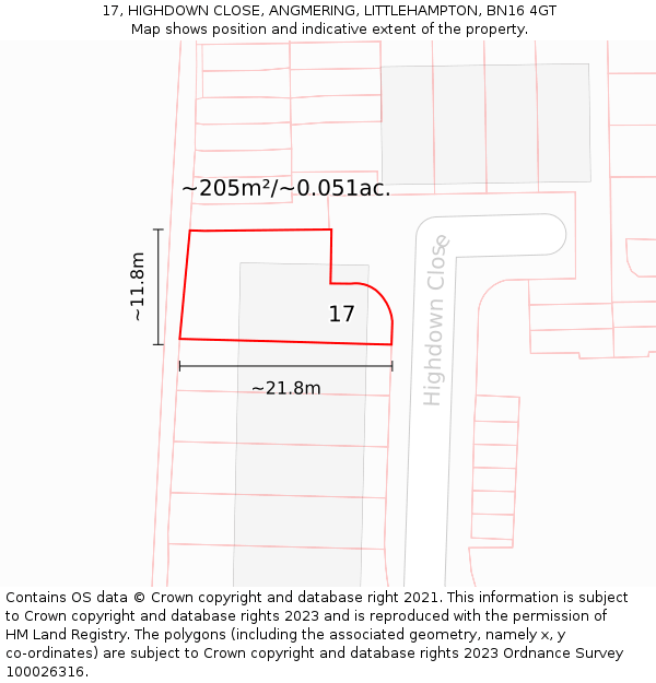 17, HIGHDOWN CLOSE, ANGMERING, LITTLEHAMPTON, BN16 4GT: Plot and title map