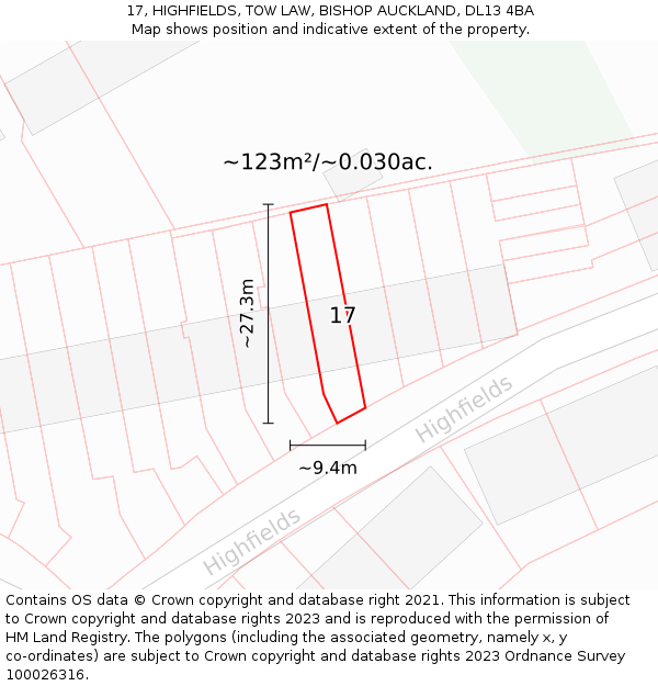 17, HIGHFIELDS, TOW LAW, BISHOP AUCKLAND, DL13 4BA: Plot and title map