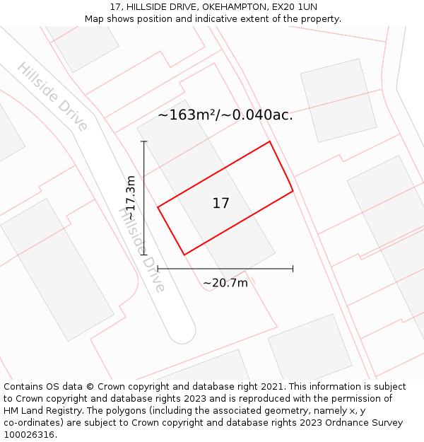17, HILLSIDE DRIVE, OKEHAMPTON, EX20 1UN: Plot and title map