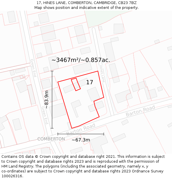 17, HINES LANE, COMBERTON, CAMBRIDGE, CB23 7BZ: Plot and title map