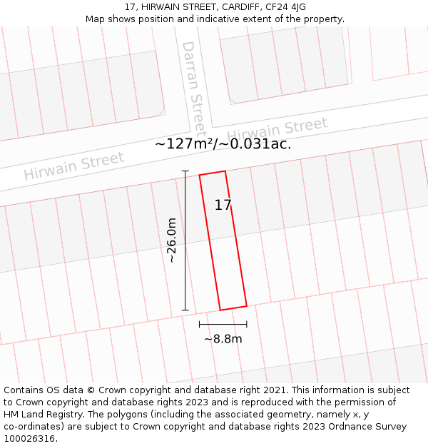 17, HIRWAIN STREET, CARDIFF, CF24 4JG: Plot and title map