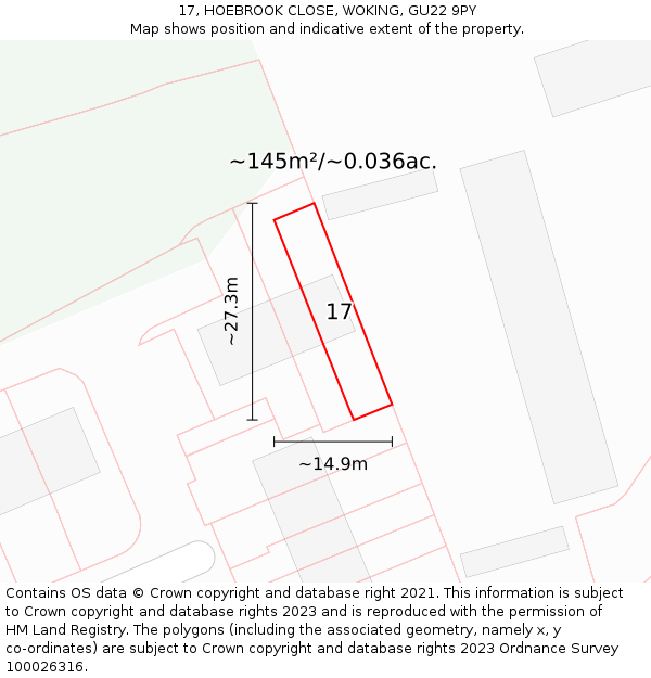 17, HOEBROOK CLOSE, WOKING, GU22 9PY: Plot and title map