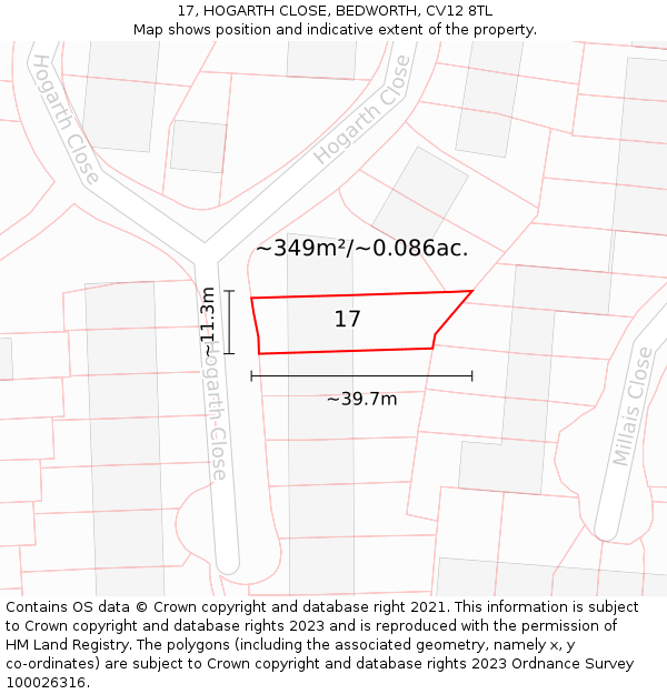 17, HOGARTH CLOSE, BEDWORTH, CV12 8TL: Plot and title map