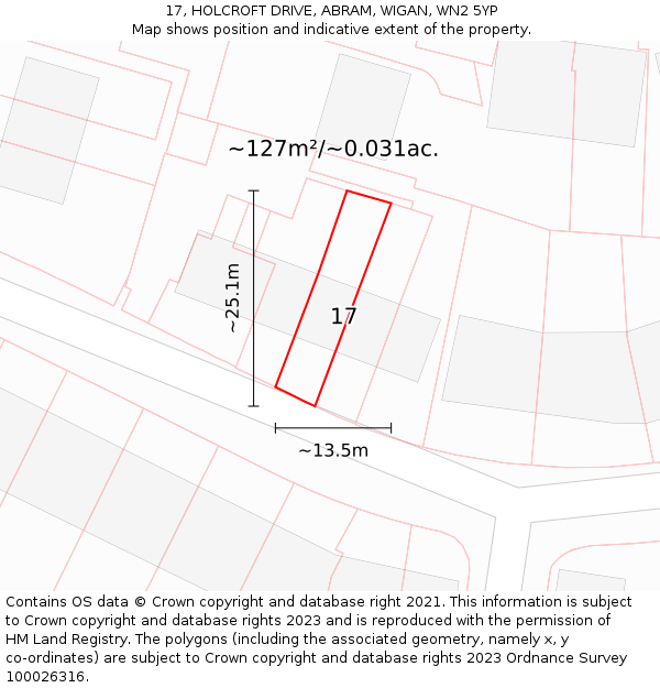 17, HOLCROFT DRIVE, ABRAM, WIGAN, WN2 5YP: Plot and title map