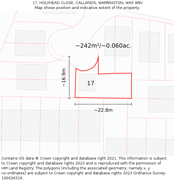 17, HOLYHEAD CLOSE, CALLANDS, WARRINGTON, WA5 9RN: Plot and title map