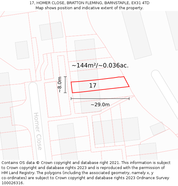 17, HOMER CLOSE, BRATTON FLEMING, BARNSTAPLE, EX31 4TD: Plot and title map