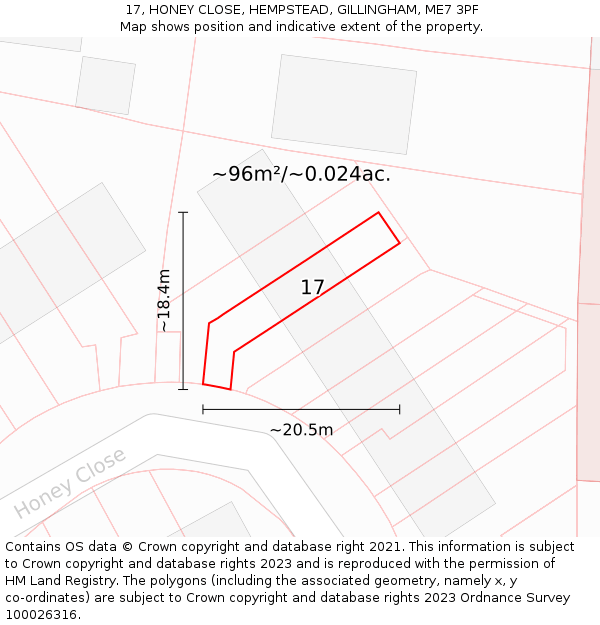 17, HONEY CLOSE, HEMPSTEAD, GILLINGHAM, ME7 3PF: Plot and title map