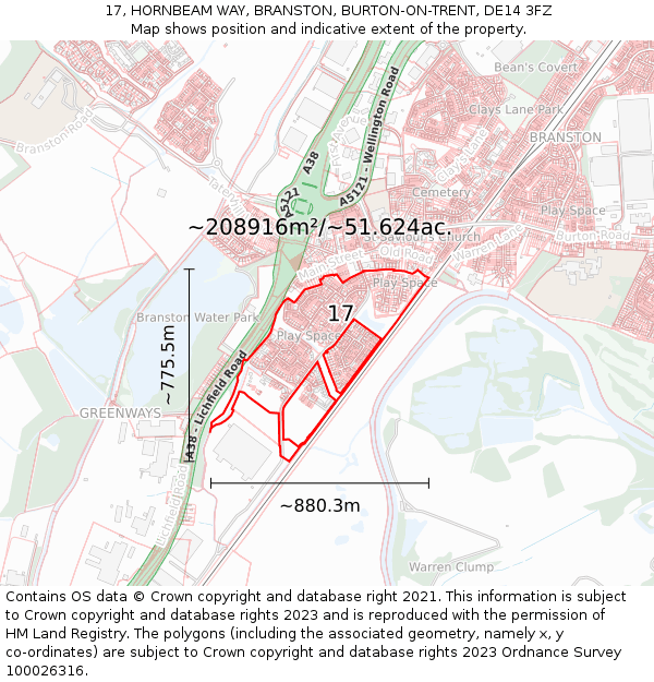 17, HORNBEAM WAY, BRANSTON, BURTON-ON-TRENT, DE14 3FZ: Plot and title map