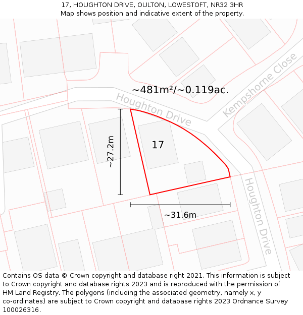 17, HOUGHTON DRIVE, OULTON, LOWESTOFT, NR32 3HR: Plot and title map