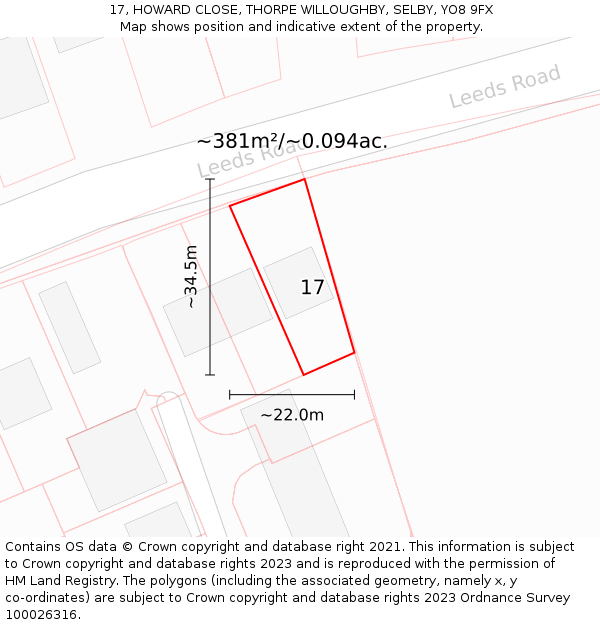 17, HOWARD CLOSE, THORPE WILLOUGHBY, SELBY, YO8 9FX: Plot and title map