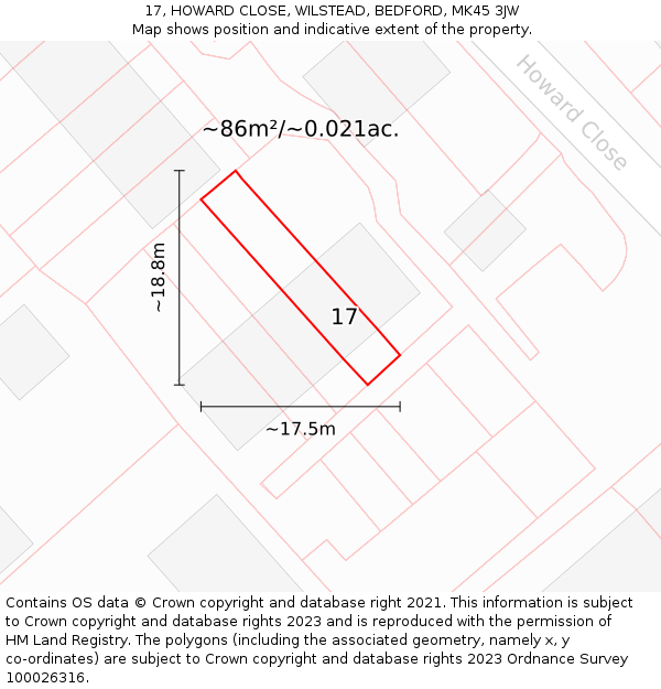 17, HOWARD CLOSE, WILSTEAD, BEDFORD, MK45 3JW: Plot and title map
