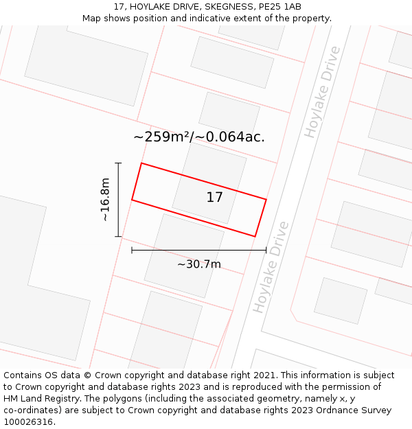 17, HOYLAKE DRIVE, SKEGNESS, PE25 1AB: Plot and title map