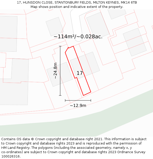 17, HUNSDON CLOSE, STANTONBURY FIELDS, MILTON KEYNES, MK14 6TB: Plot and title map