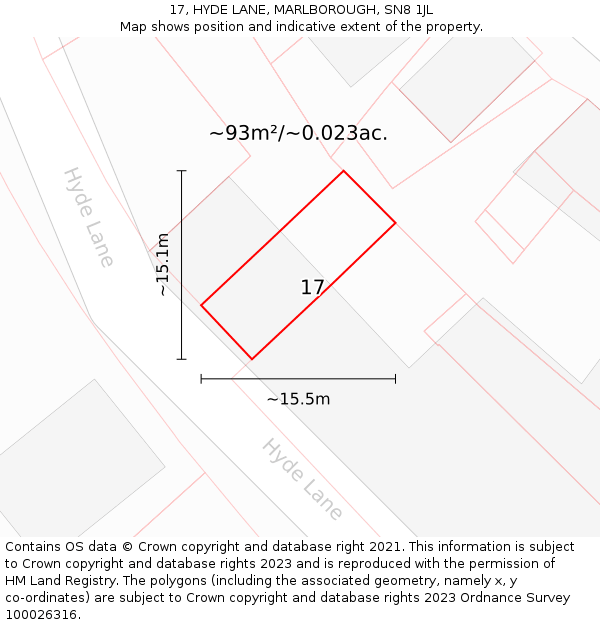 17, HYDE LANE, MARLBOROUGH, SN8 1JL: Plot and title map