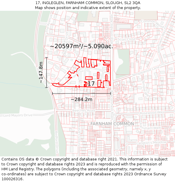 17, INGLEGLEN, FARNHAM COMMON, SLOUGH, SL2 3QA: Plot and title map