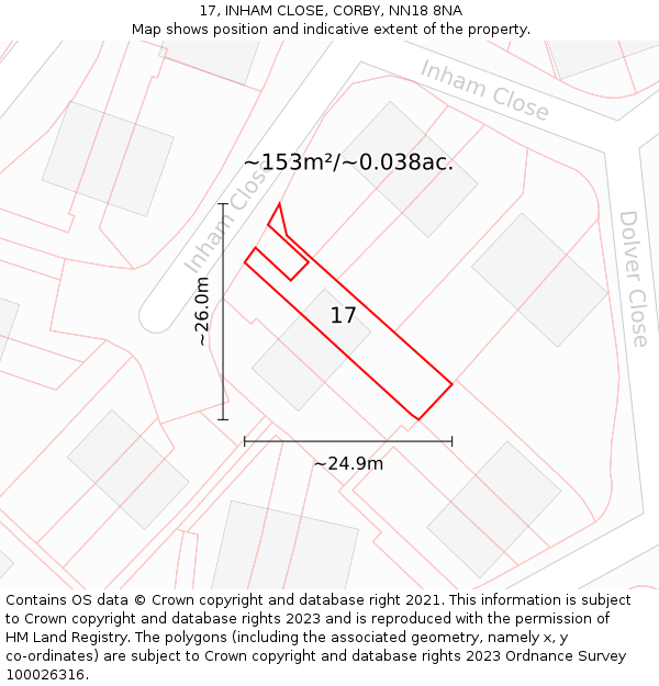 17, INHAM CLOSE, CORBY, NN18 8NA: Plot and title map