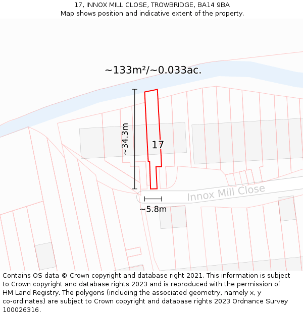 17, INNOX MILL CLOSE, TROWBRIDGE, BA14 9BA: Plot and title map