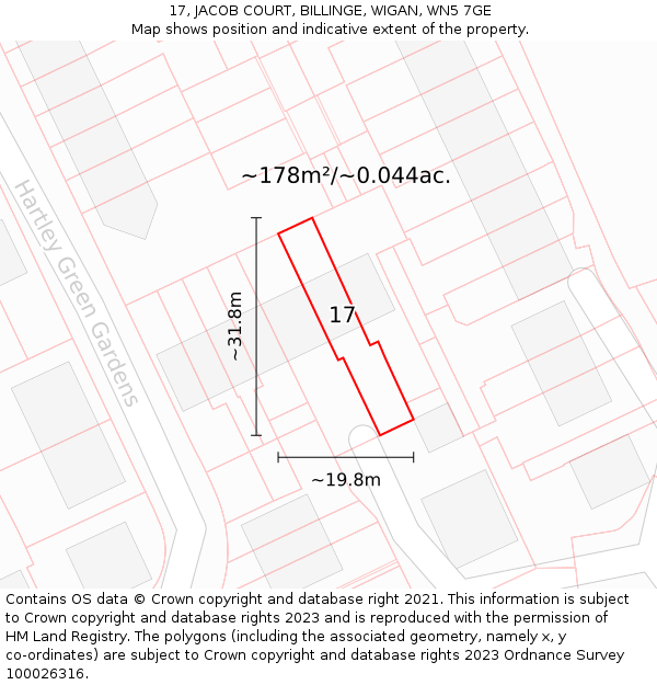 17, JACOB COURT, BILLINGE, WIGAN, WN5 7GE: Plot and title map