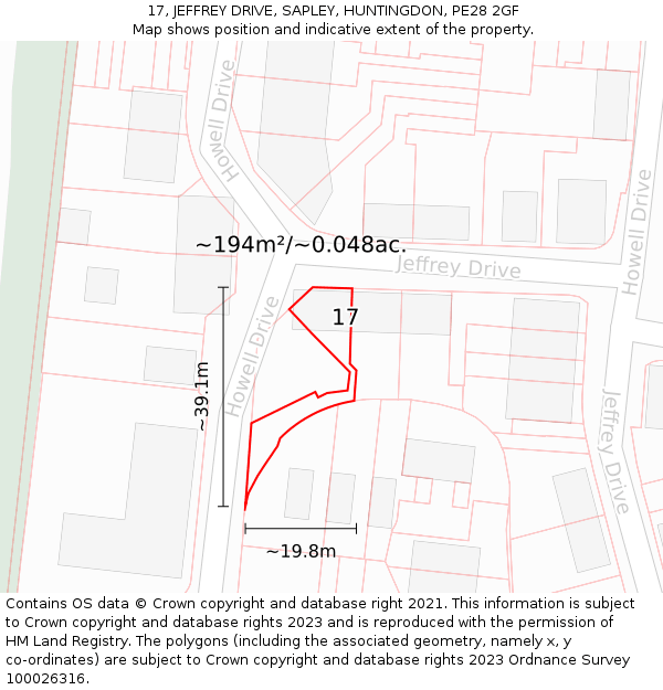 17, JEFFREY DRIVE, SAPLEY, HUNTINGDON, PE28 2GF: Plot and title map