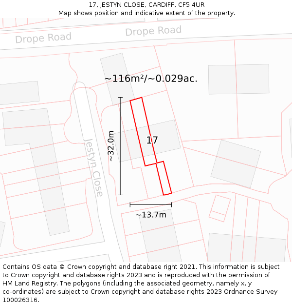 17, JESTYN CLOSE, CARDIFF, CF5 4UR: Plot and title map