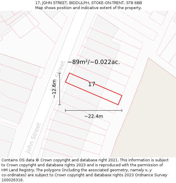 17, JOHN STREET, BIDDULPH, STOKE-ON-TRENT, ST8 6BB: Plot and title map