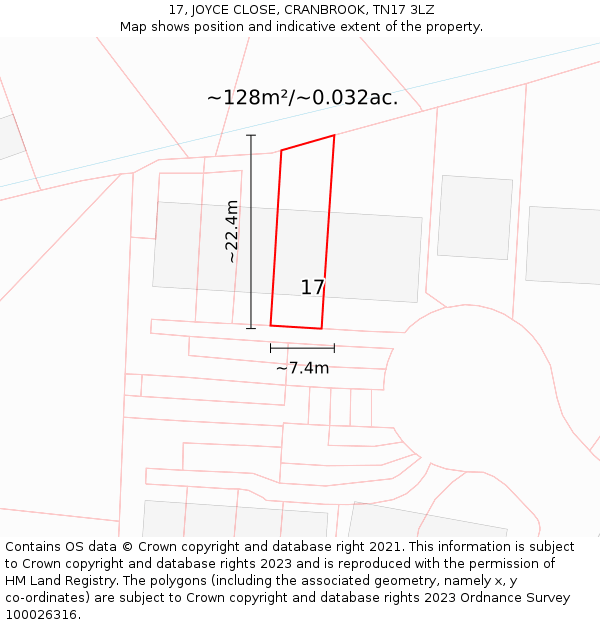 17, JOYCE CLOSE, CRANBROOK, TN17 3LZ: Plot and title map