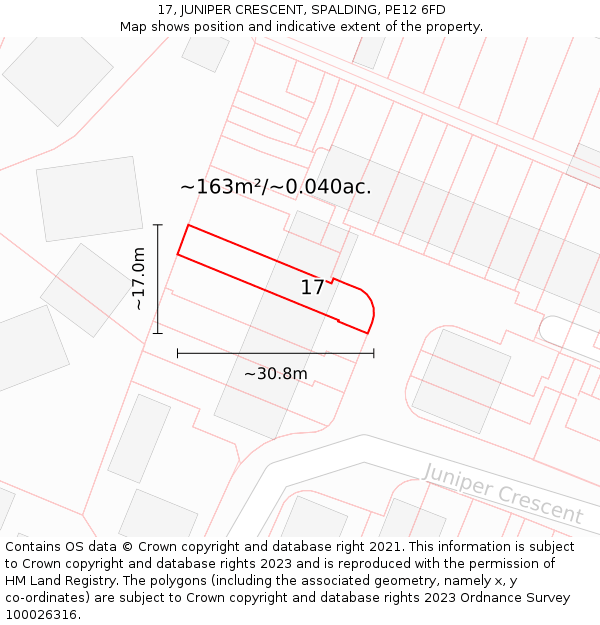 17, JUNIPER CRESCENT, SPALDING, PE12 6FD: Plot and title map