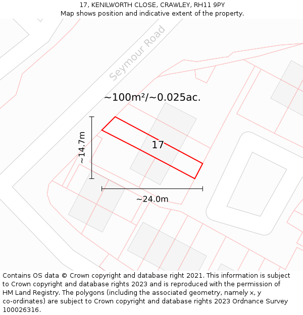 17, KENILWORTH CLOSE, CRAWLEY, RH11 9PY: Plot and title map