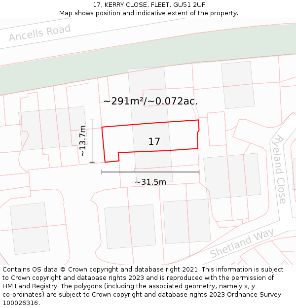 17, KERRY CLOSE, FLEET, GU51 2UF: Plot and title map