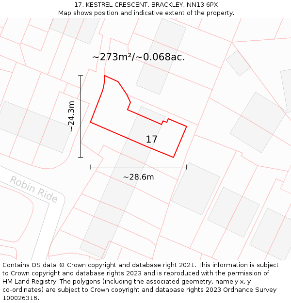 17, KESTREL CRESCENT, BRACKLEY, NN13 6PX: Plot and title map